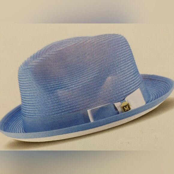 MONTIQUE MEN'S AQUA/WHITE BOTTOM BRAIDED STINGY BRIM PINCH FEDORA HAT. H-78 - Picture 1 of 1